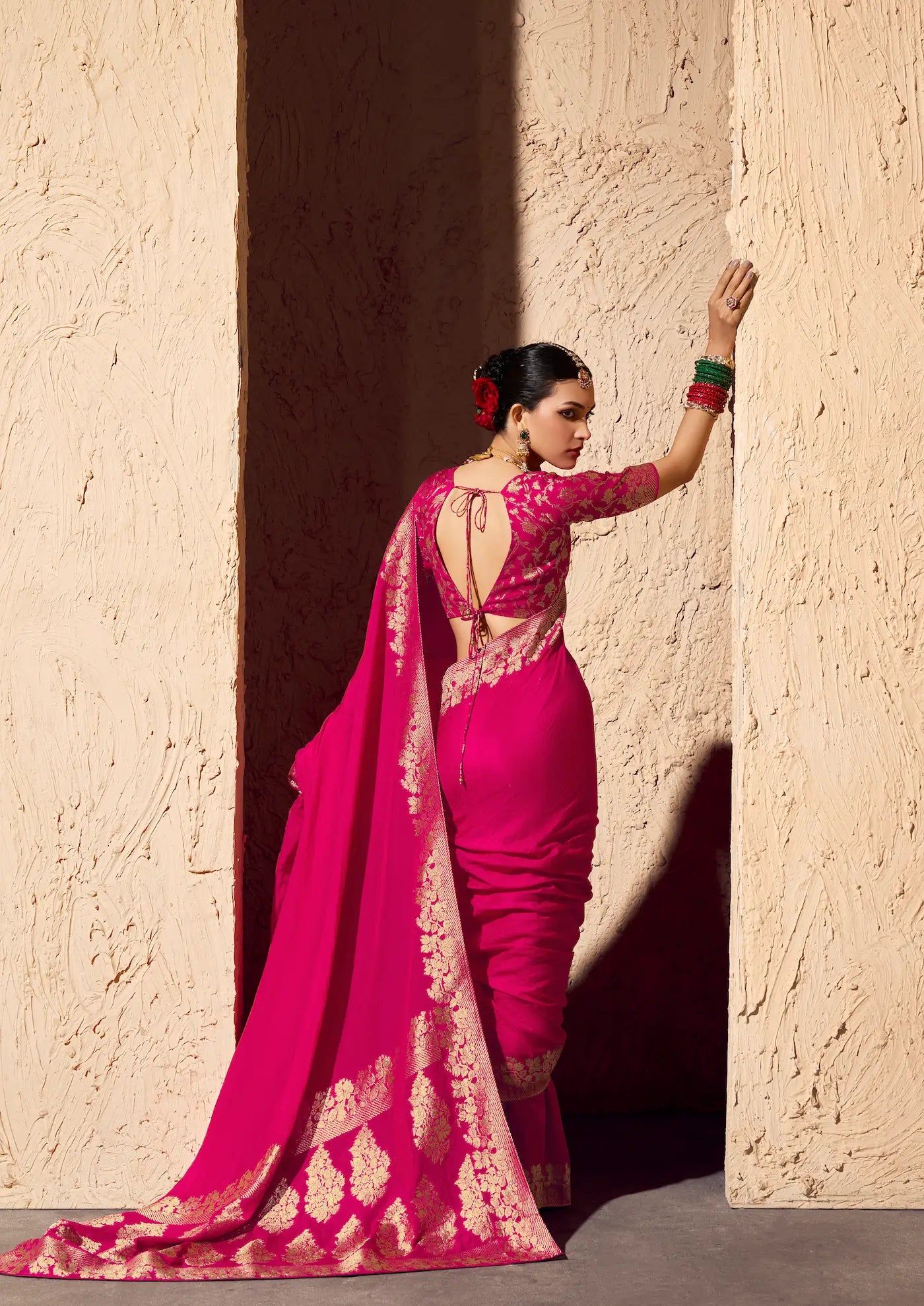 Rosy Red Georgette Zari Weaving Saree