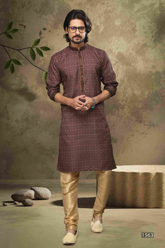 Men's Cotton Digital Print Pintux Work Kurta Pajama In Brown Colour