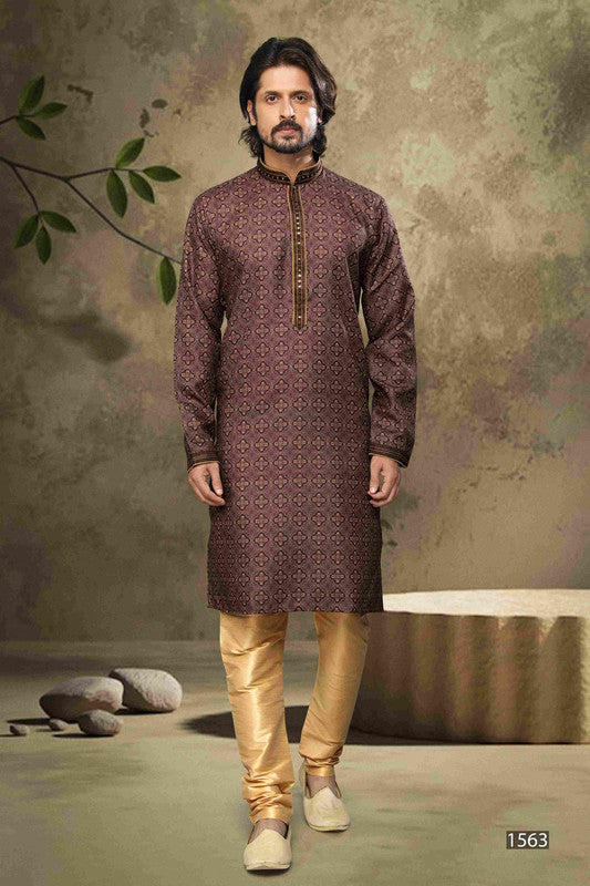 Men's Cotton Digital Print Pintux Work Kurta Pajama In Brown Colour