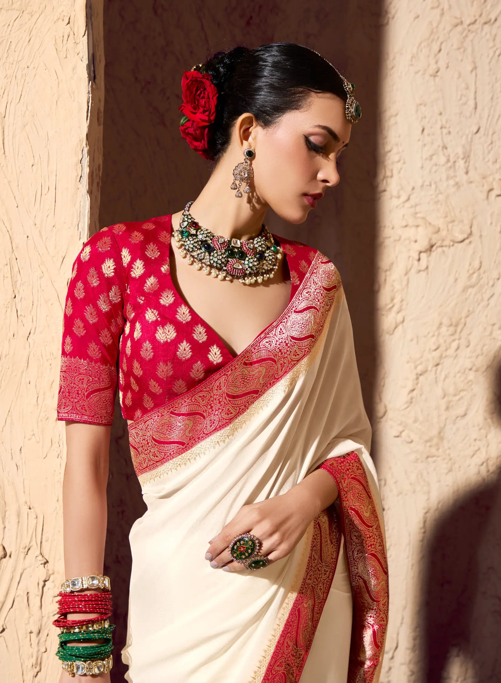 Off White Georgette Zari Weaving Saree