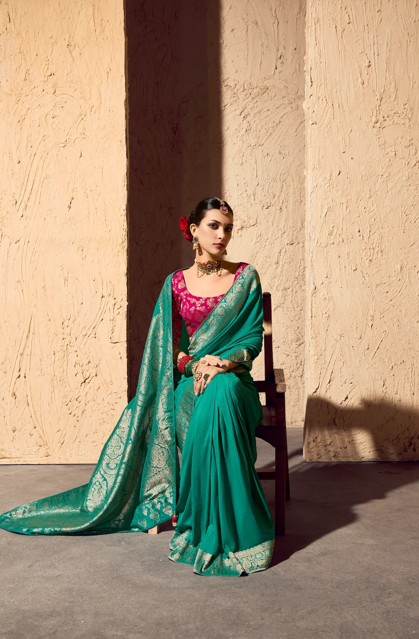 Dusty Teal Georgette Zari Weaving Saree