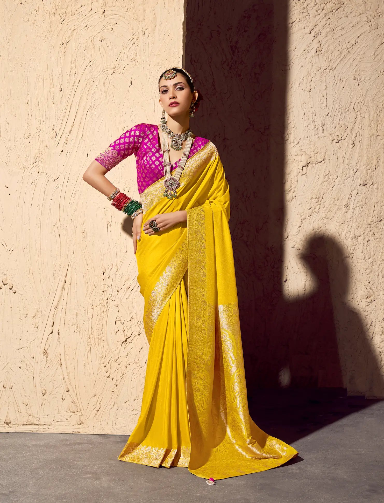 Bright Yellow Georgette Zari Weaving Saree