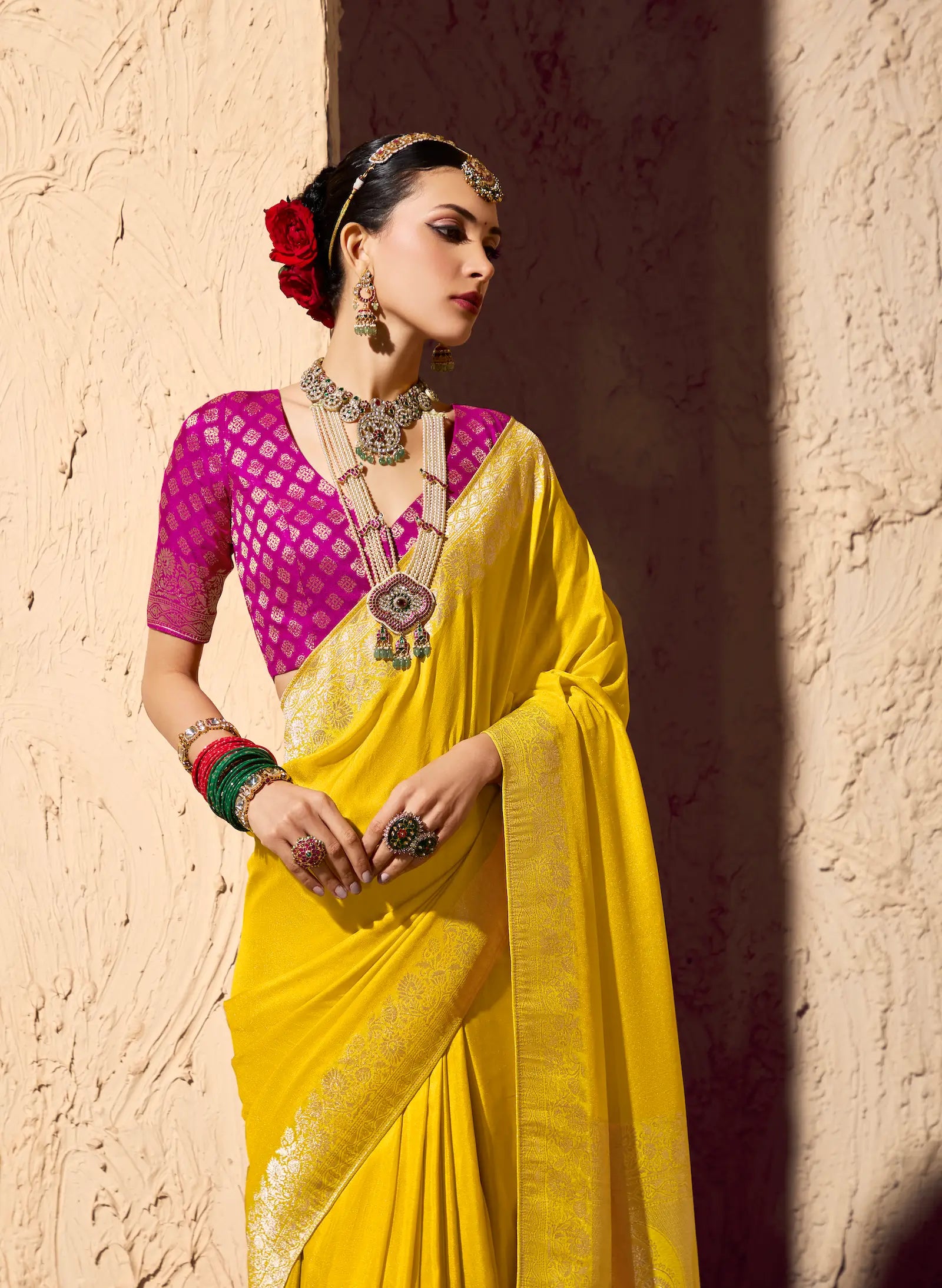 Bright Yellow Georgette Zari Weaving Saree