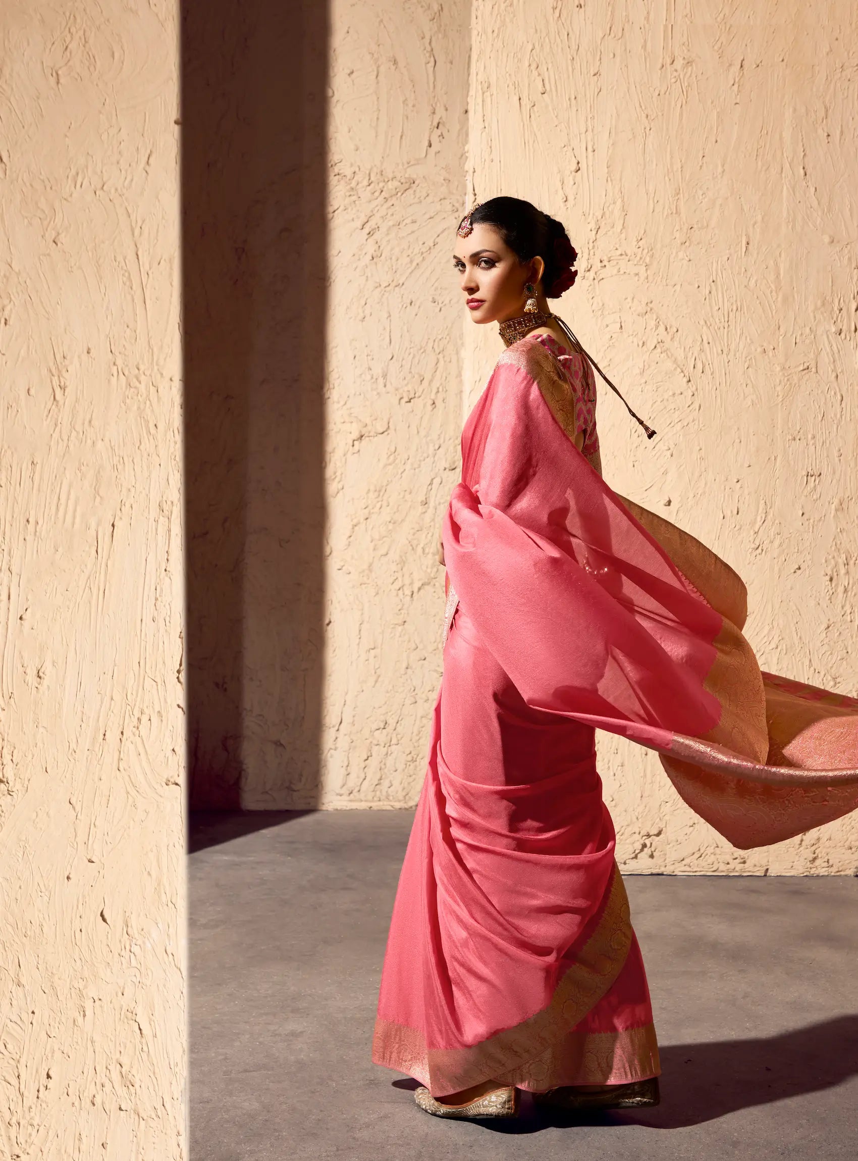 Peach Pink Georgette Zari Weaving Saree