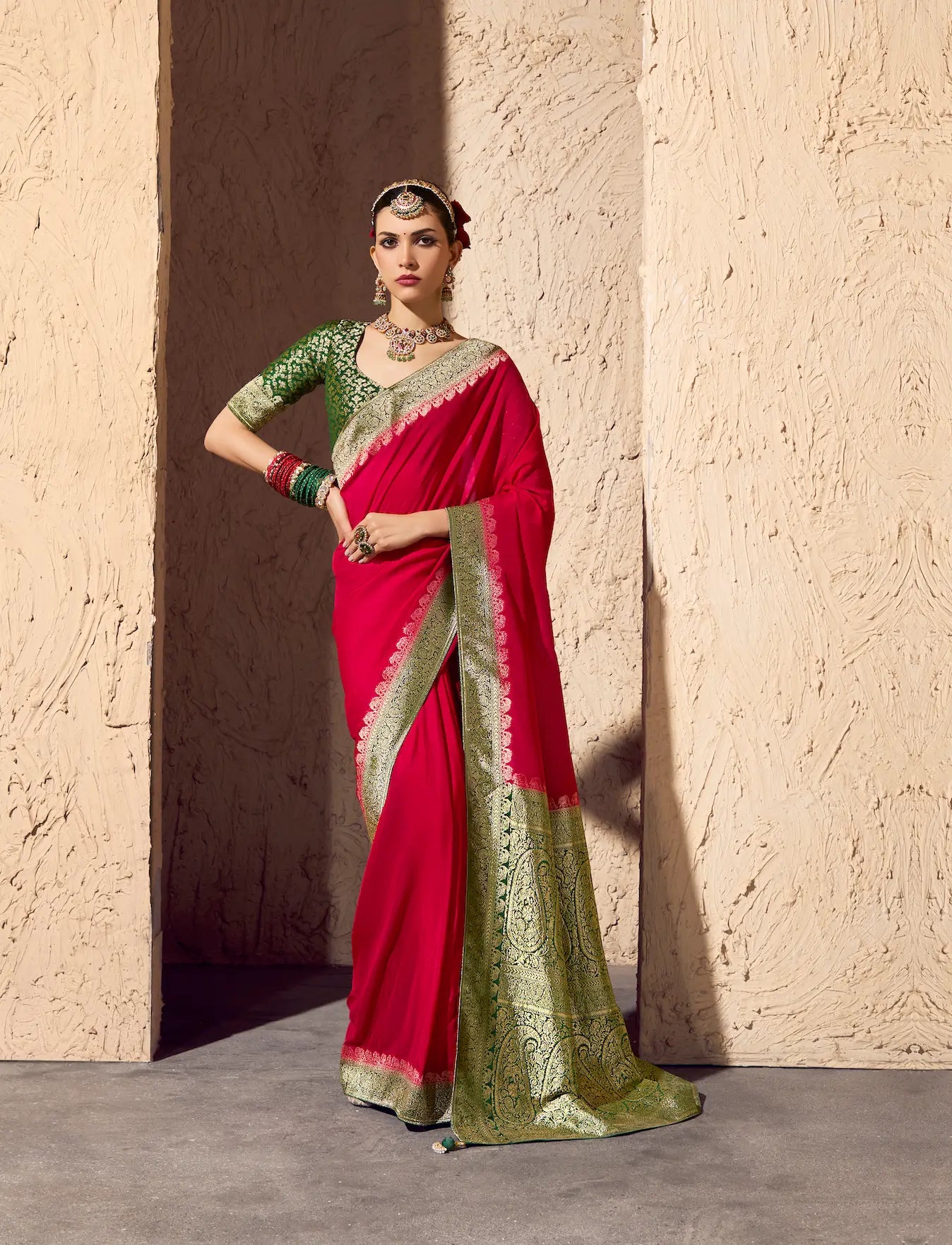 Bright Red Georgette Zari Weaving Saree