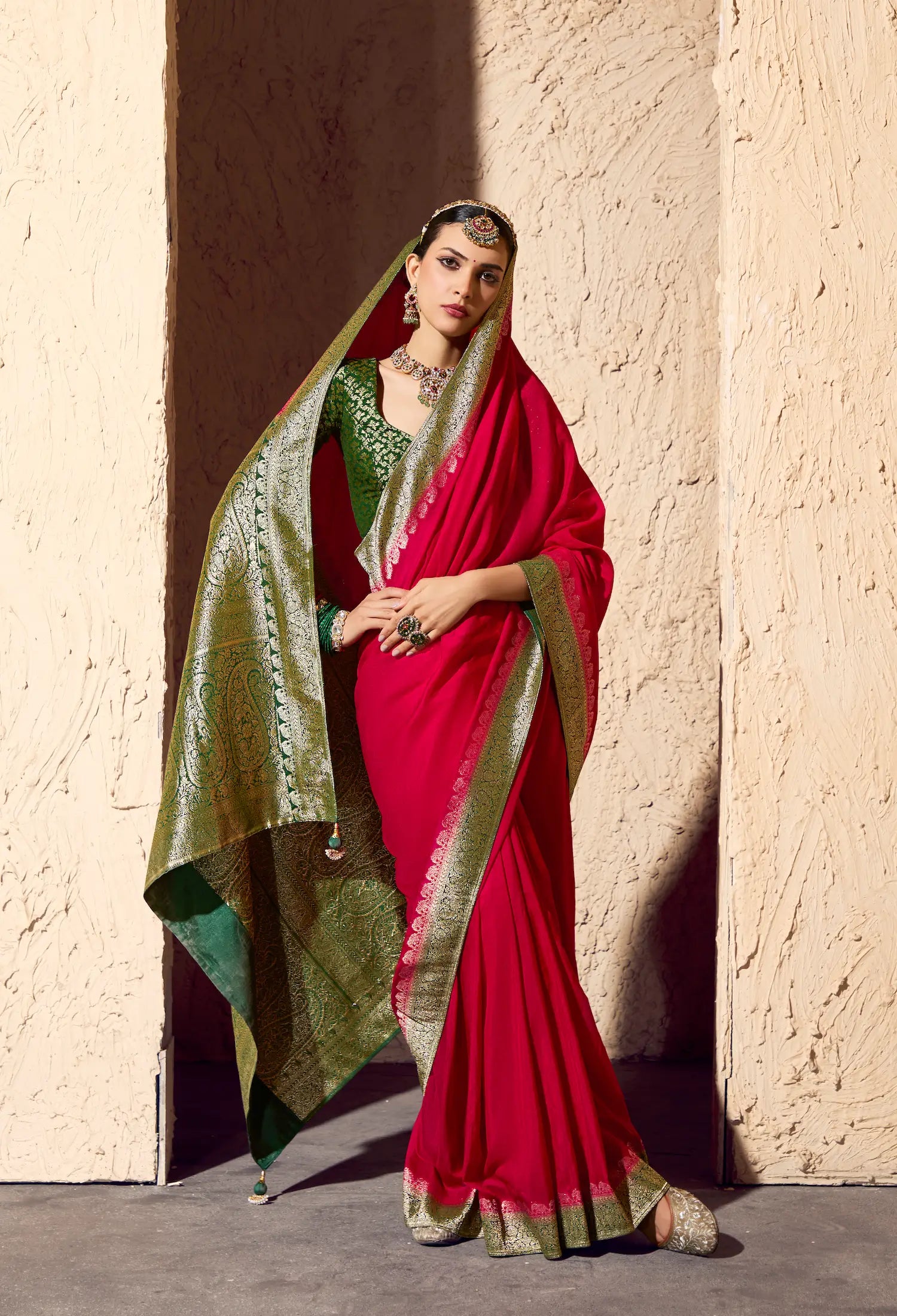 Bright Red Georgette Zari Weaving Saree