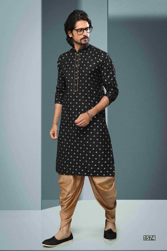 Men's Cotton Digital Print Kurta Pajama In Black Colour