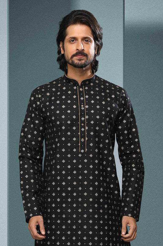 Men's Cotton Digital Print Kurta Pajama In Black Colour