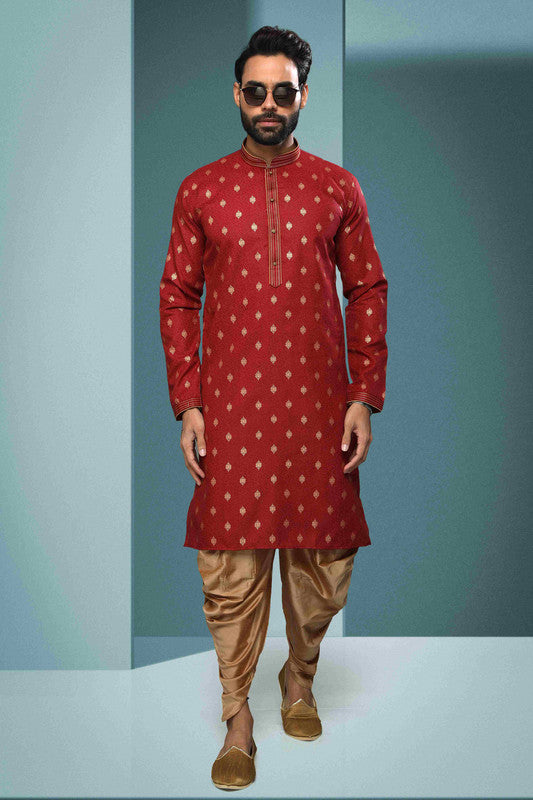 Men's Cotton Digital Print Pintux Work Kurta Pajama In Maroon Colour