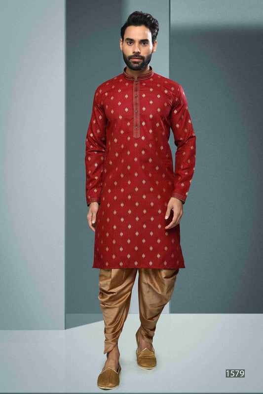 Men's Cotton Digital Print Pintux Work Kurta Pajama In Maroon Colour