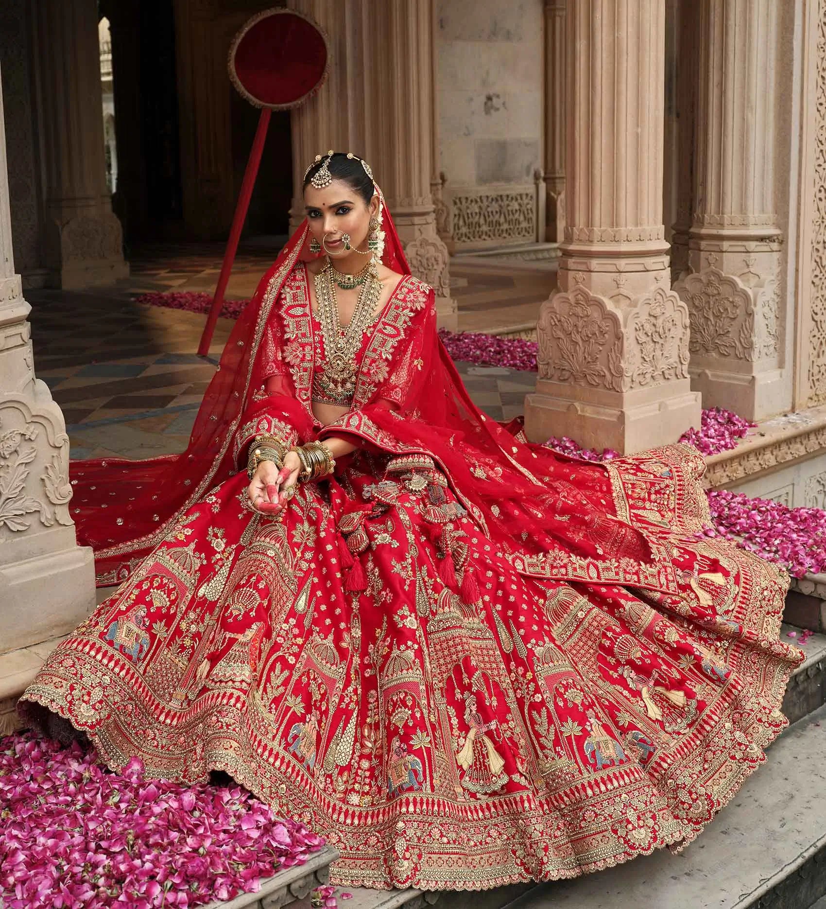 Red Khatli Embroidery Bridal Lehenga With 2 Dupatta - qivii