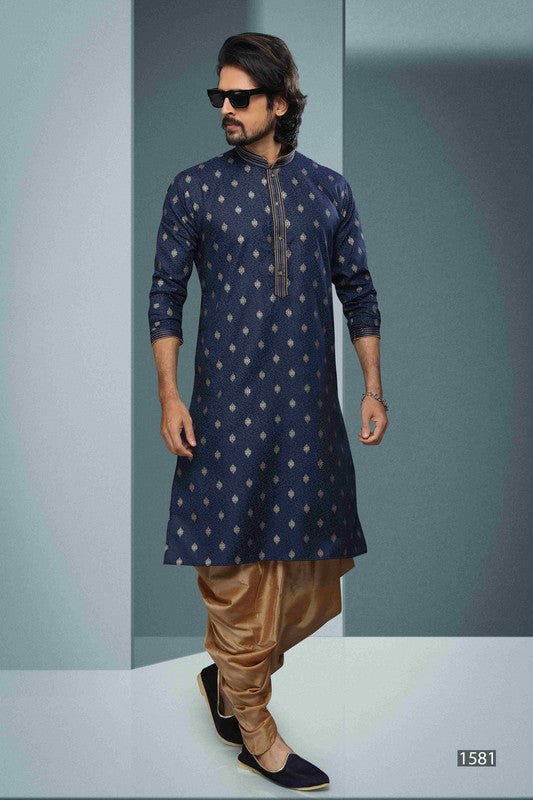 Men's Cotton Digital Print Pintux Work Kurta Pajama In Blue Colour