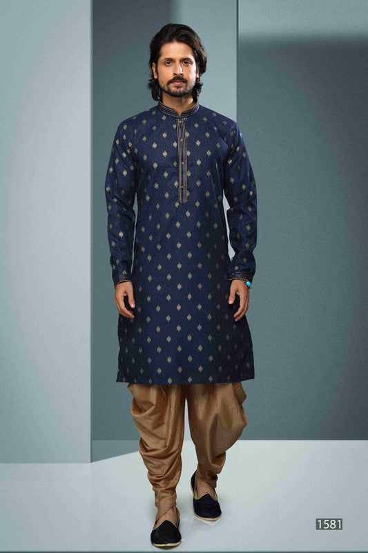 Men's Cotton Digital Print Pintux Work Kurta Pajama In Blue Colour