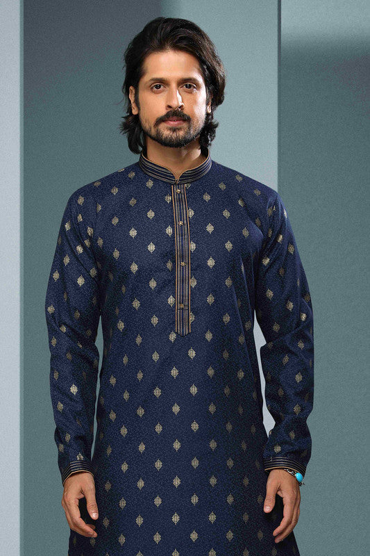 Men's Cotton Digital Print Pintux Work Kurta Pajama In Blue Colour