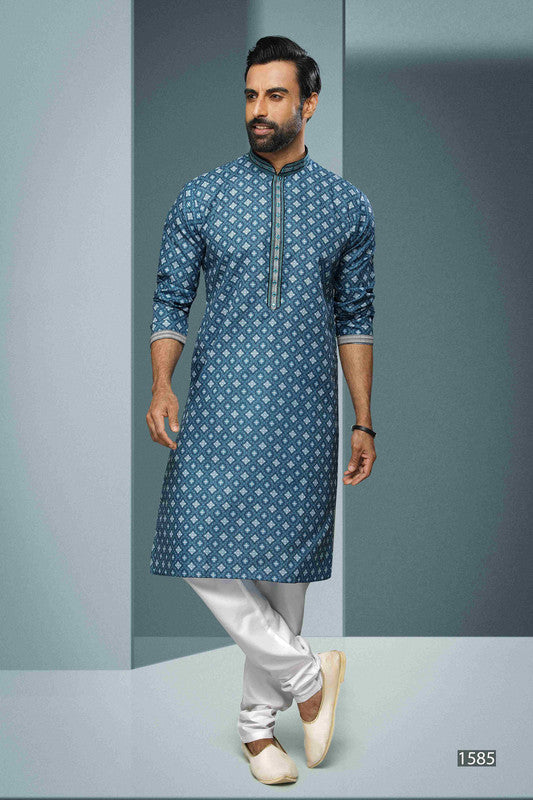 Men's Cotton Digital Print Mirror Work Kurta Pajama In Blue Colour