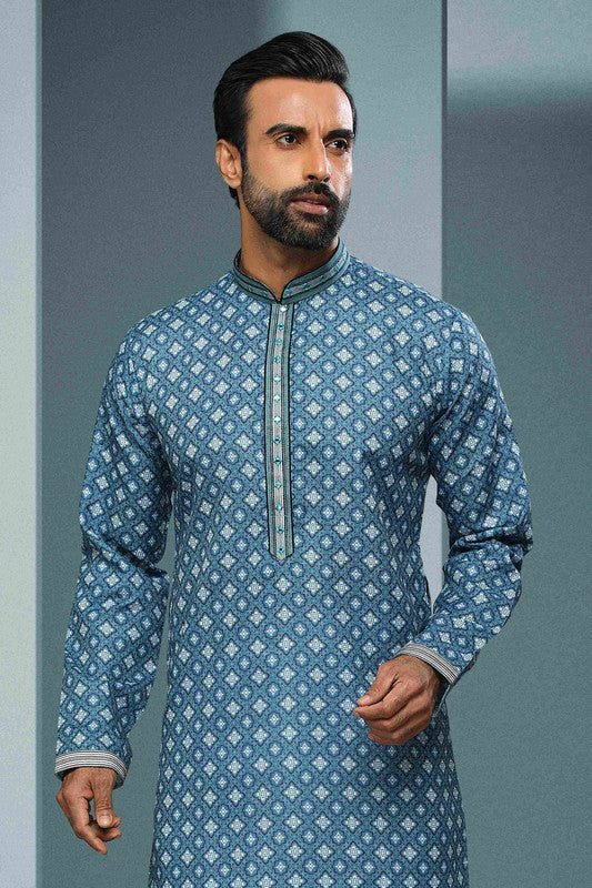 Men's Cotton Digital Print Mirror Work Kurta Pajama In Blue Colour