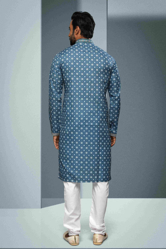 Men's Cotton Digital Print Mirror Work Kurta Pajama In Blue Colour