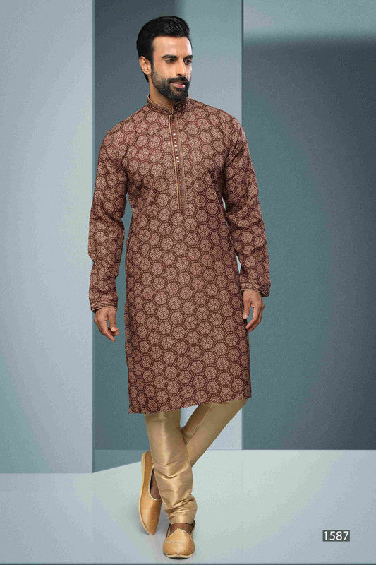 Men's Cotton Digital Print Mirror Work Kurta Pajama In Brown Colour