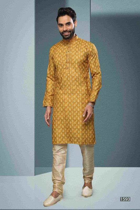 Men's Cotton Digital Print Pintux Work Kurta Pajama In Yellow Colour
