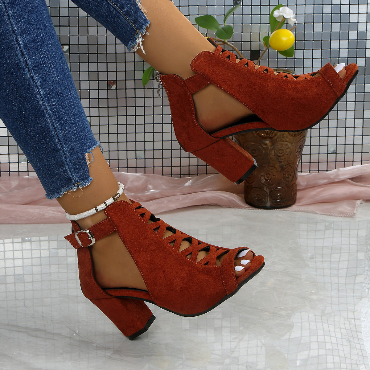 Women's Odette Suede Peep-Toe Cutout Bootie Sandals – Buckle Strap Chunky Heel Sophisticated Boot Sandals (US 3.5–11.5)