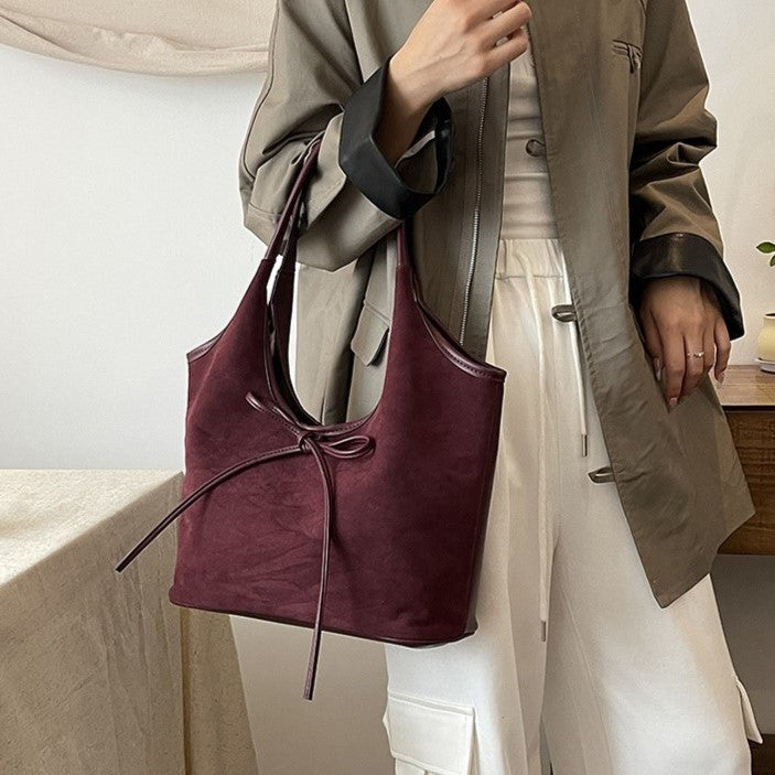 Women's Vintage Matte Tote Bag – Oversized Bow-Accent Shoulder Bag with Crossbody Strap