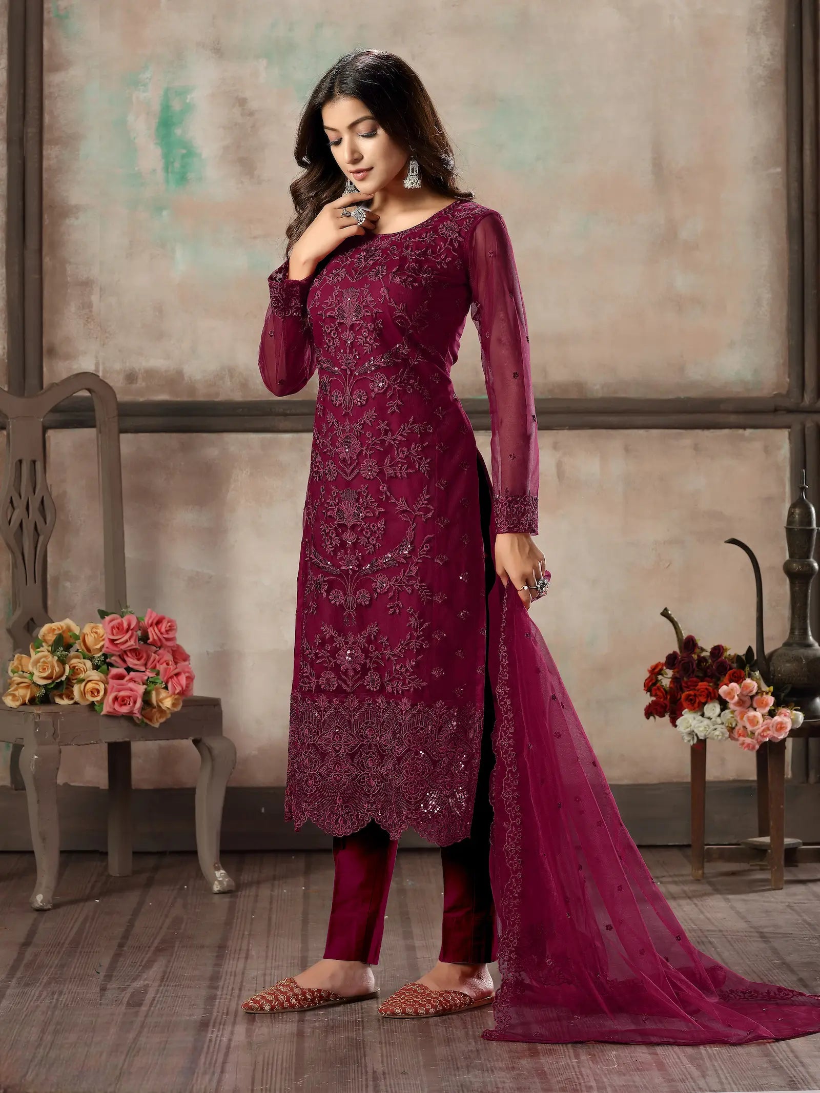 Dark Pink Net Salwar Suit With Thread & Sequence Embroidery Work - qivii