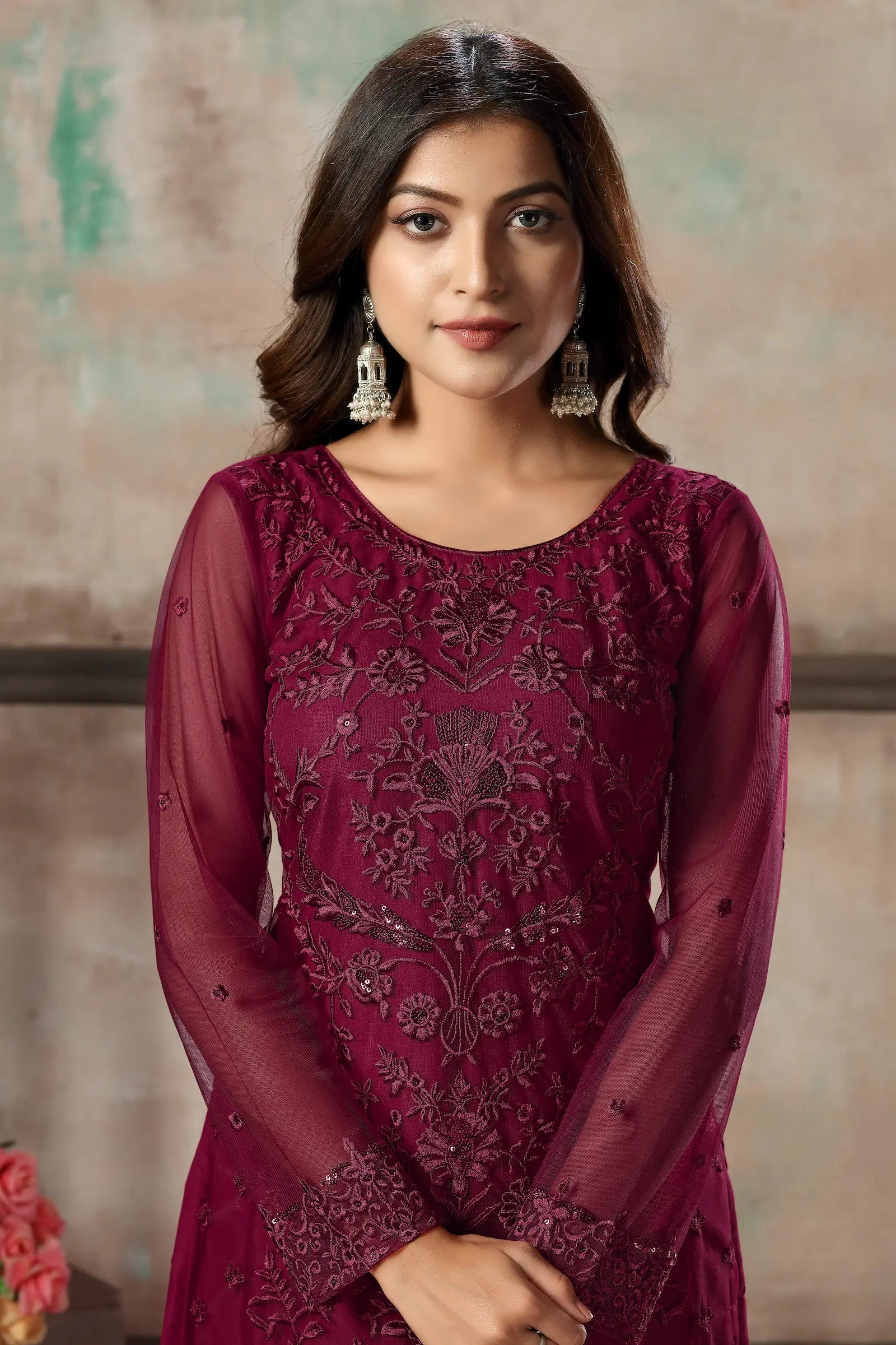 Dark Pink Net Salwar Suit With Thread & Sequence Embroidery Work - qivii
