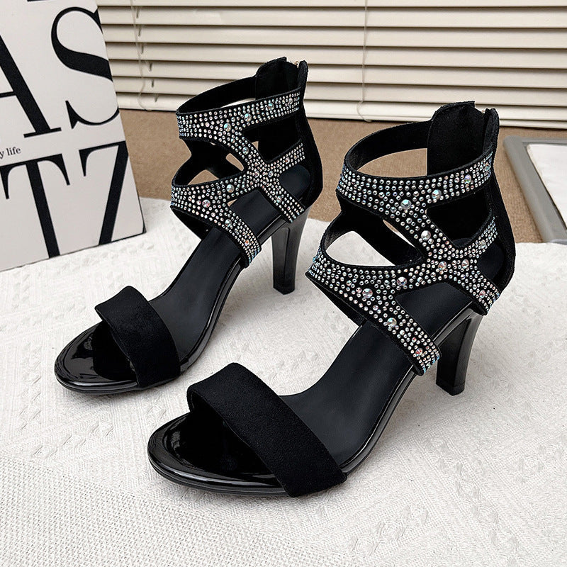 Women’s Aurora Rome Stiletto Heels – Zip Back Suede Open-Toe Sandals (US4–10.5)