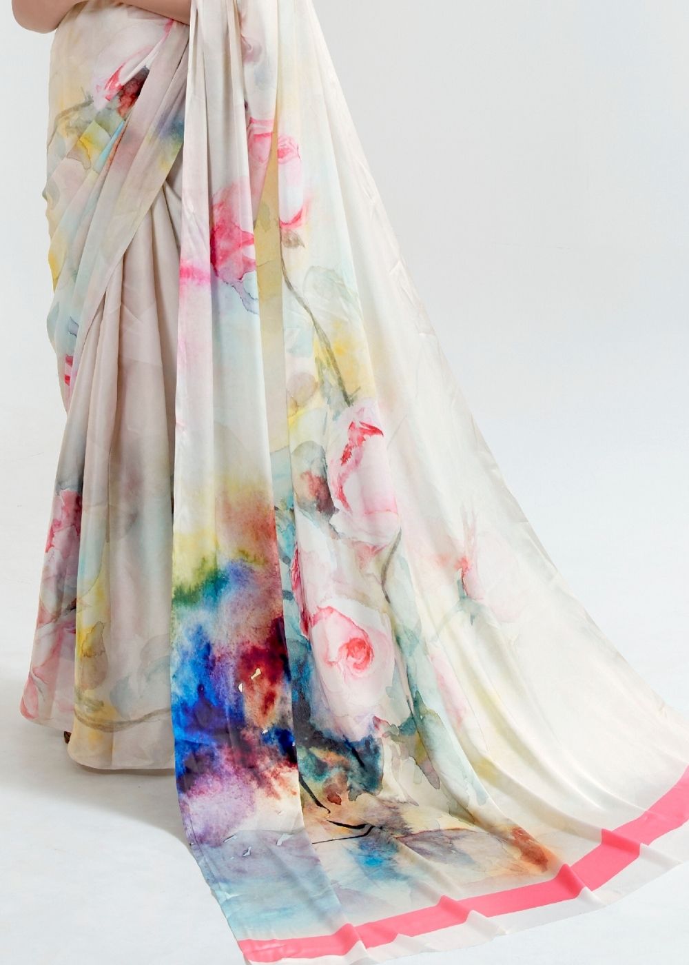 Ivory White Satin Silk Digital Printed Saree : Top Pick - qivii