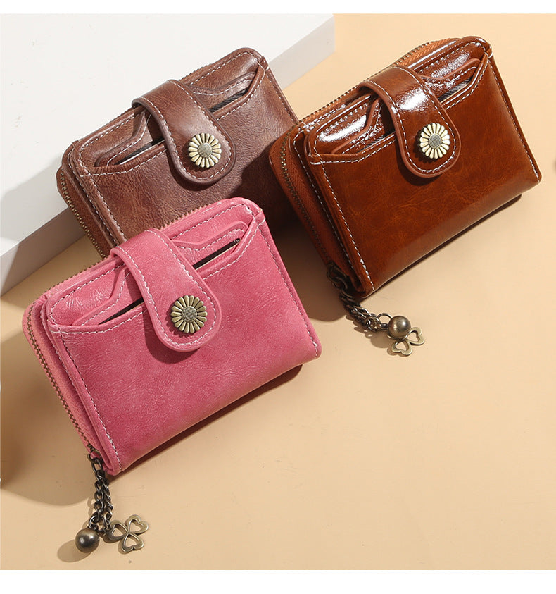 Women's Compact Waxed Leather Wallet – Zip Closure Organizer (Coin Purse, ID Slot & Card Holder)
