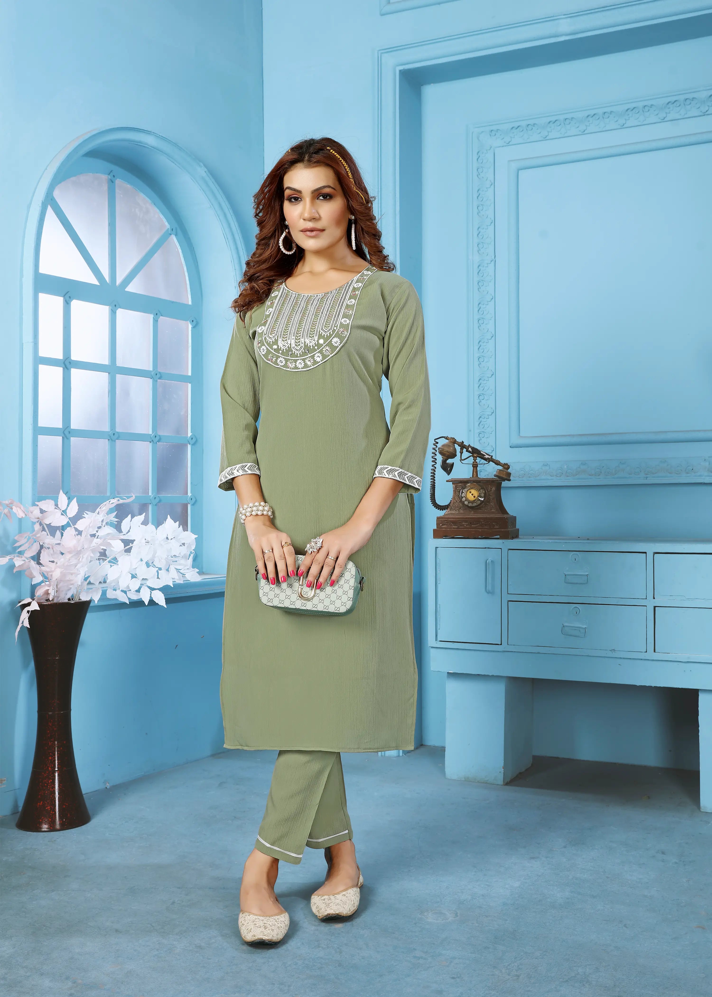 Mint Green Set With Embroidery Work - qivii