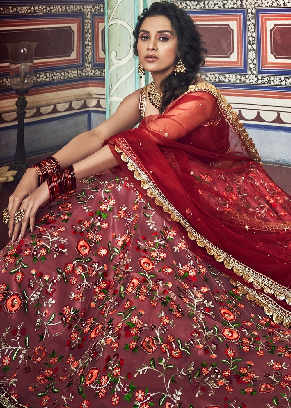 Persian Red Soft Net Lehenga with Thread & Zari work | Ready To Wear - qivii
