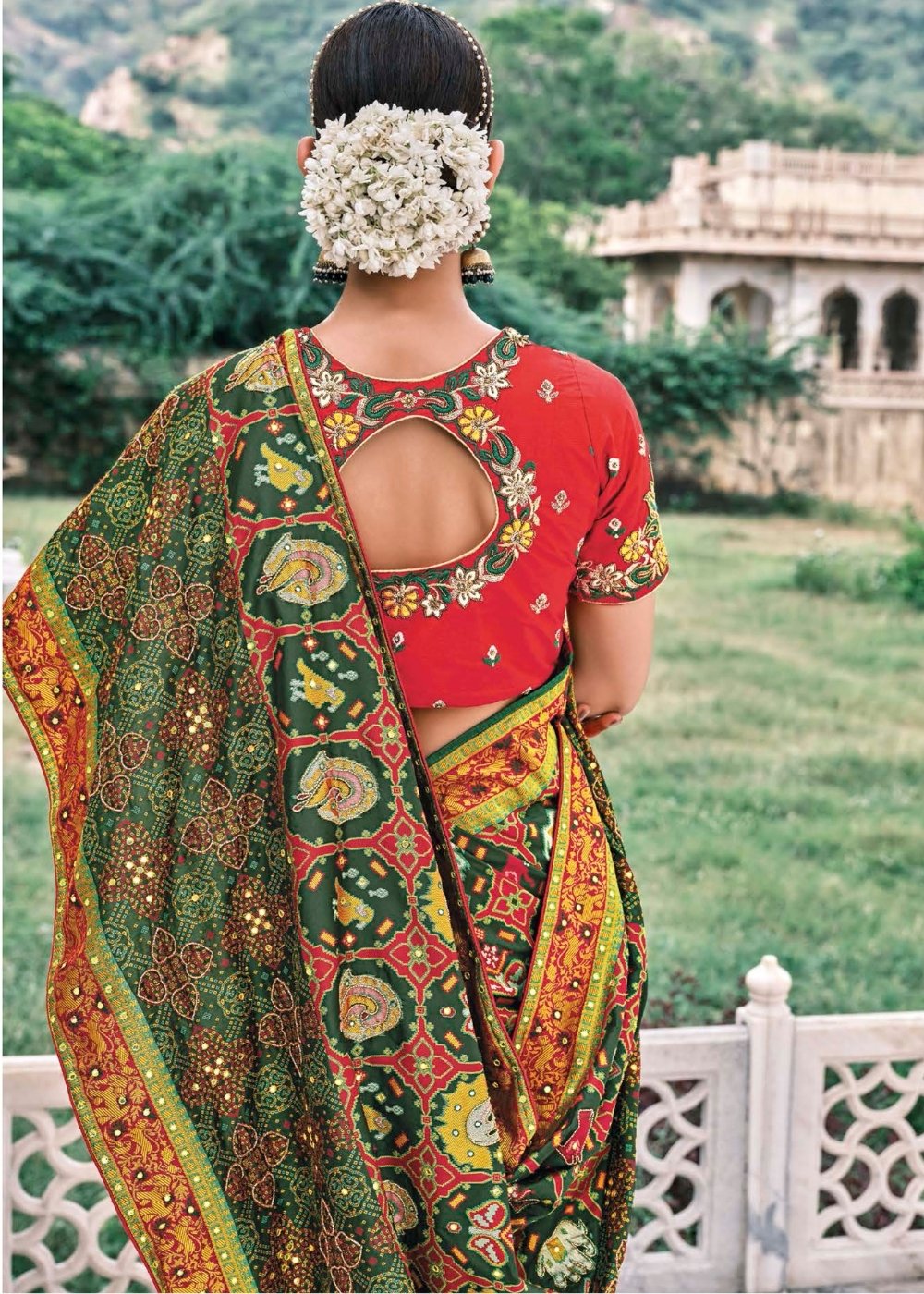 Pine Green Bandhej Patola Silk Saree with Embroidered Blouse - qivii