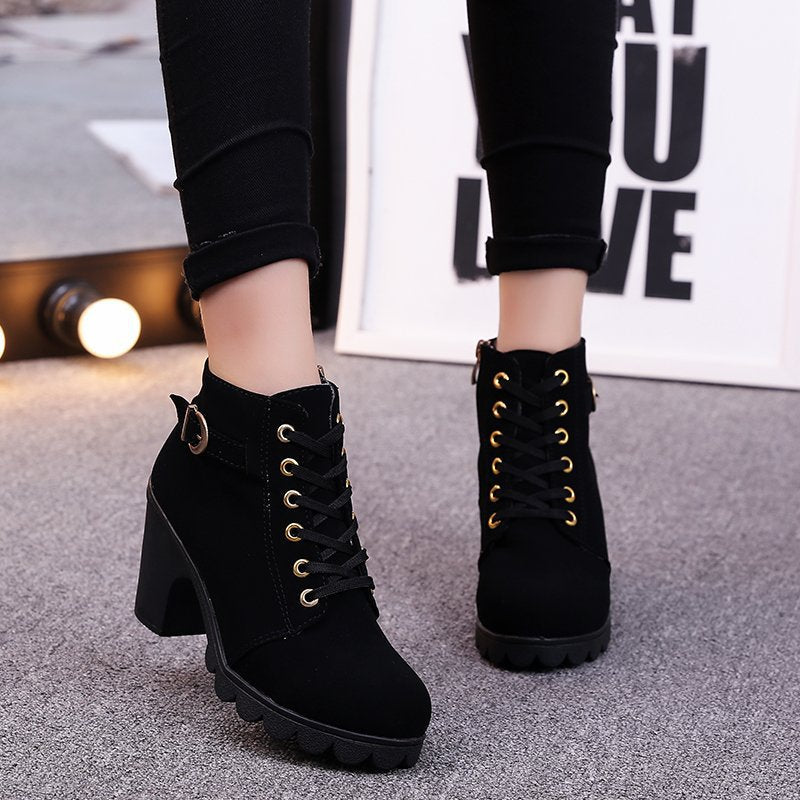 Women's Buckle Decorated Chunky Heel Ankle Boots - Side Zipper & Lace-Up Round Toe Mid-Calf Equestrian Boots (US 4-10)