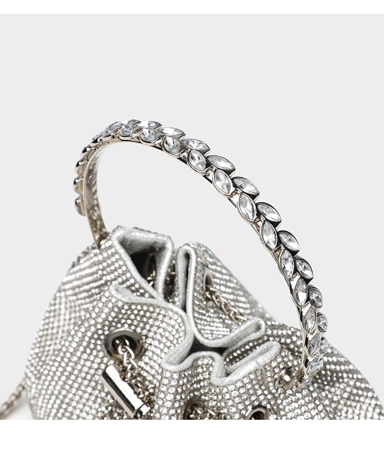 Women's Celestial Cache Bucket - Crystal-Encrusted Drawstring Minaudière with Detachable Constellation Chain