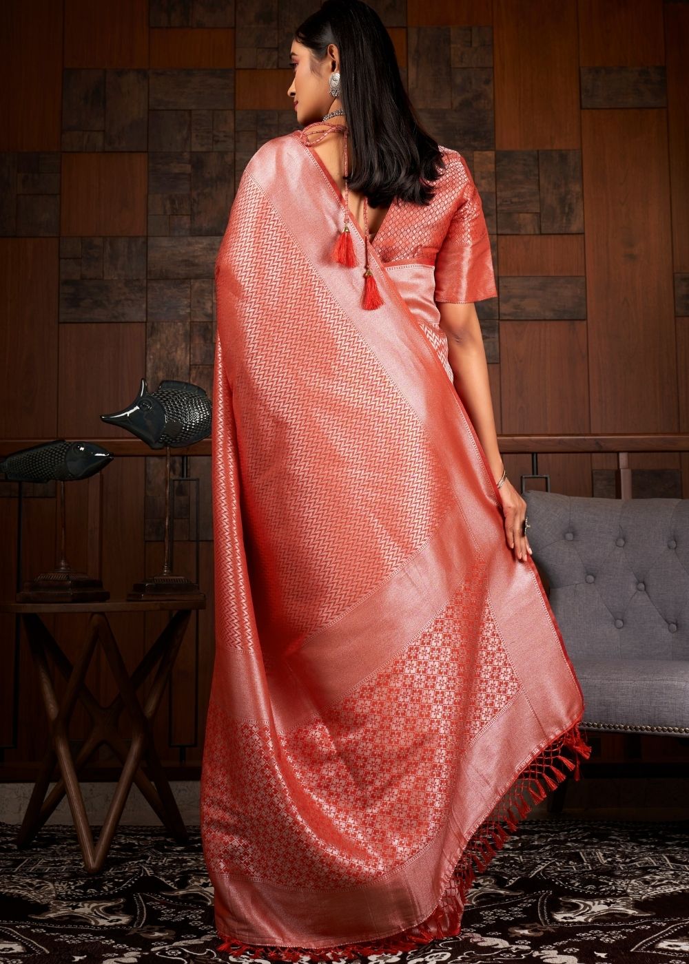 Indian Red Silver Zari work Kanjivaram Silk Saree - qivii