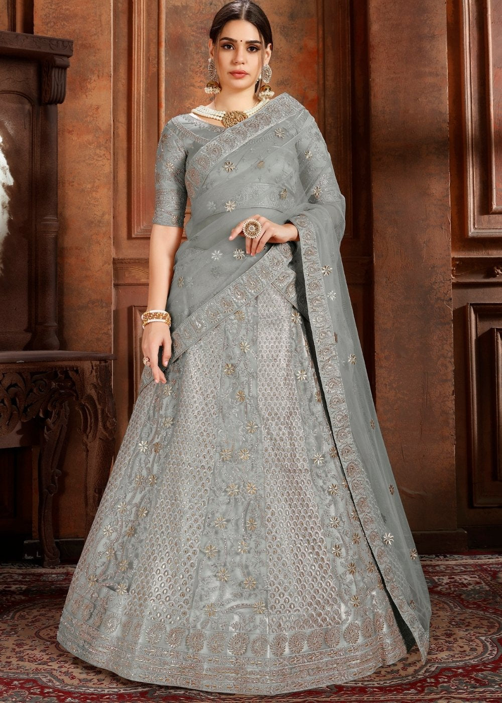 Trout Grey Soft Net Lehenga Choli with Thread,Zari, Zarkan & Pearl work | Ready To Wear - qivii