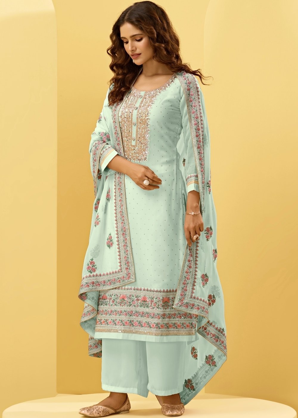 Misty Teal Green Georgette Salwar Suit with Thread, Zari & Cording Embroidery work - qivii
