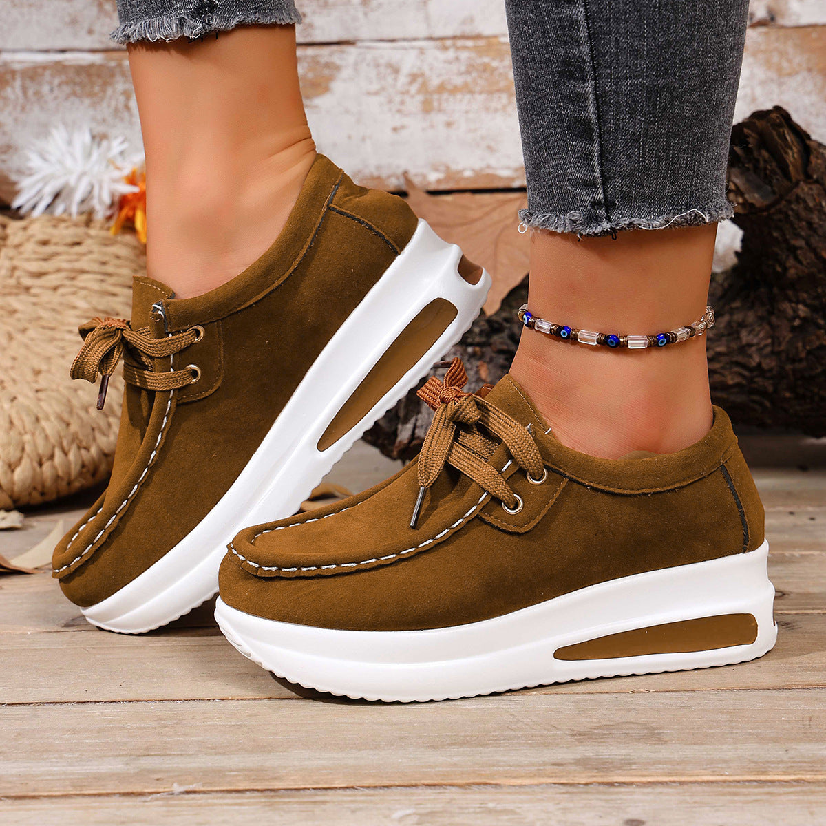 Women's Chunky Sole Lace-Up Loafer - Casual Wedge Heel Shoes (US 5-10.5)
