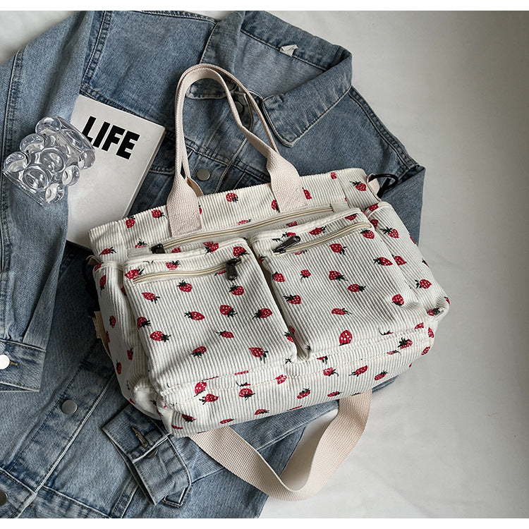 Women's Corduroy Cherry Print Tote Bag – Versatile Women's Strawberry Shoulder & Crossbody Large Capacity Mommy Bag