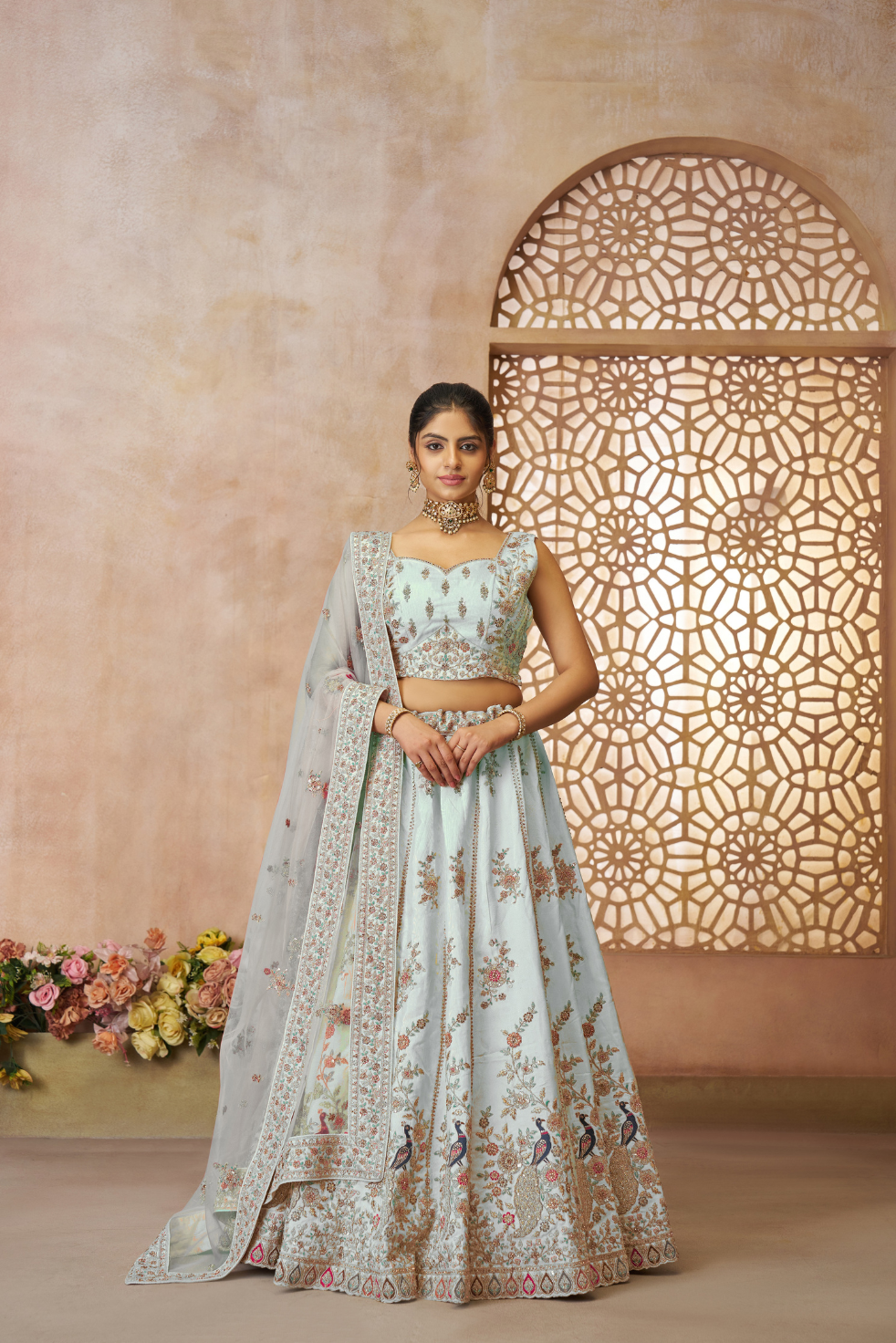 Sky Blue Sequins Chinon Reception Lehenga Choli - qivii