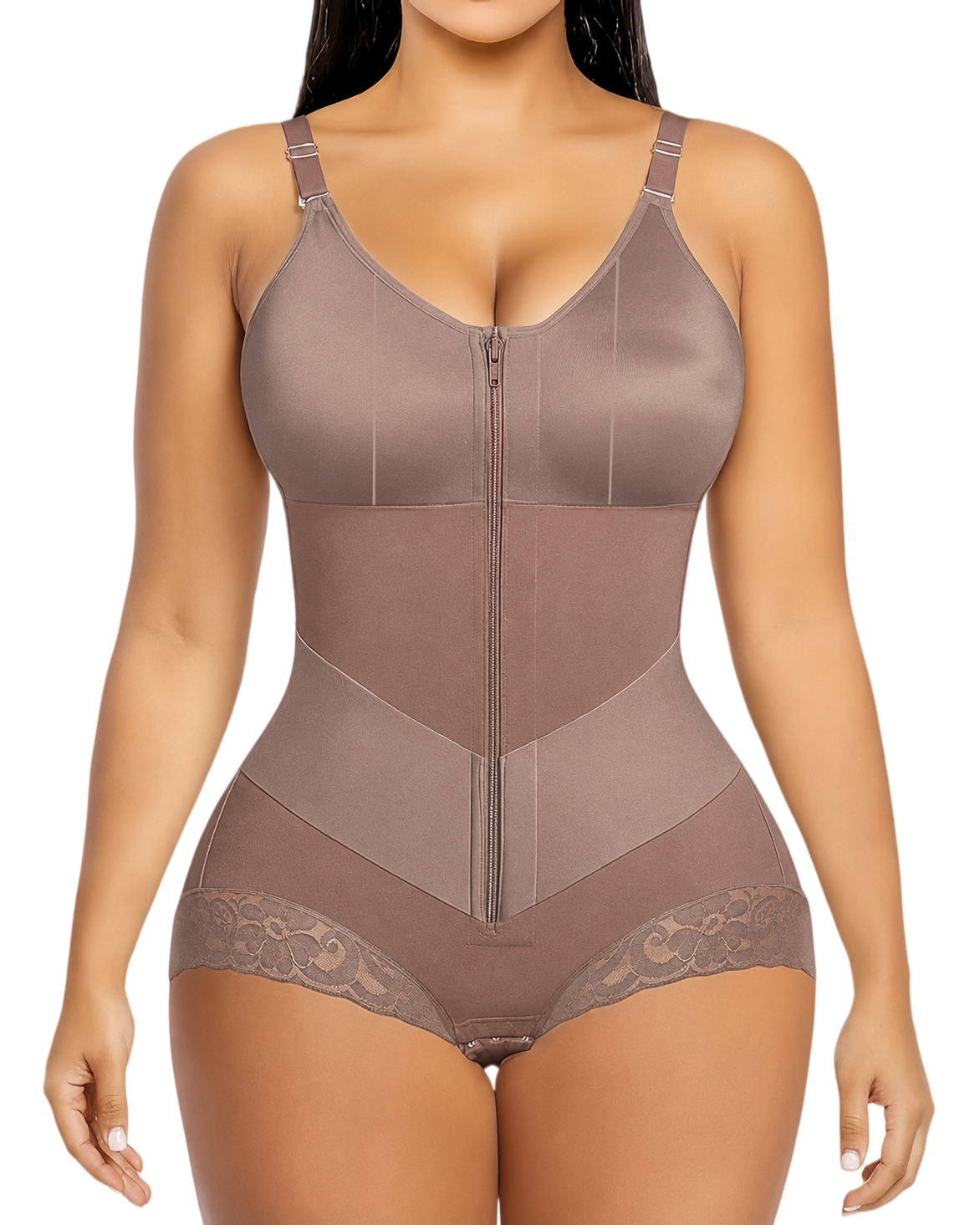 Front Zip Adjustable Strap Tummy Control Butt Lifting Bodysuit Shapewear