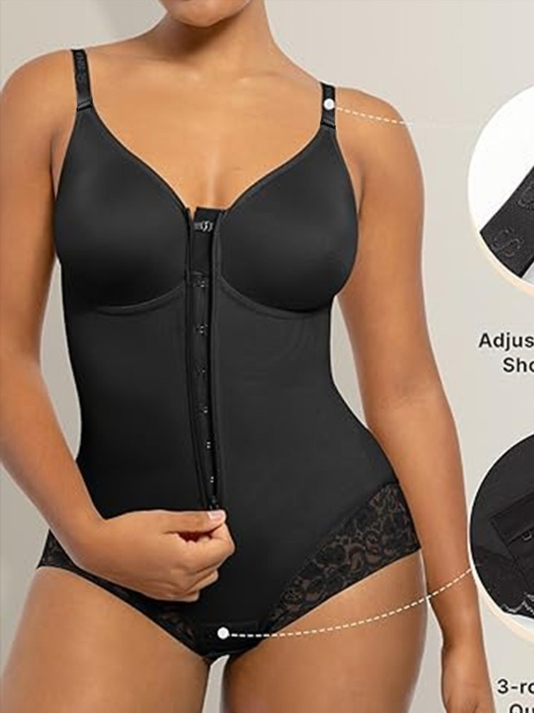 Lace-trimmed Tummy Control Zipper Shapewear Bodysuit
