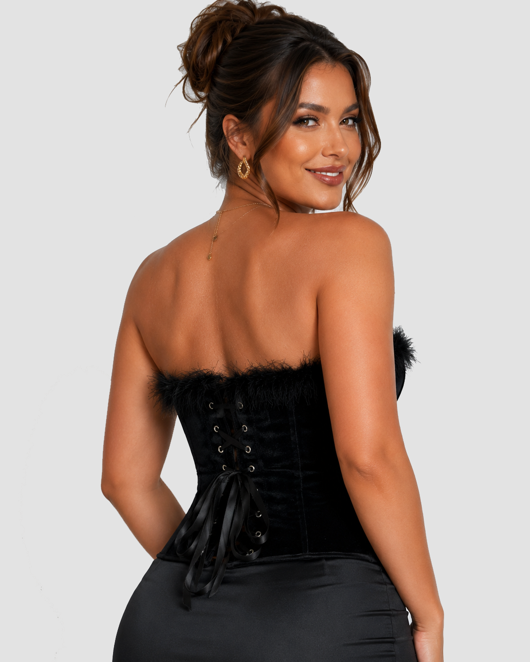 Black Velvet Feather Trim Strapless Corset Top with Lace Up Back
