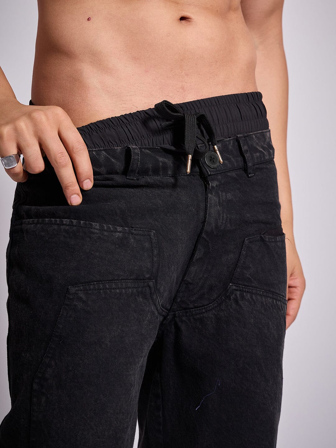 Black Double Waisted Panel Denim