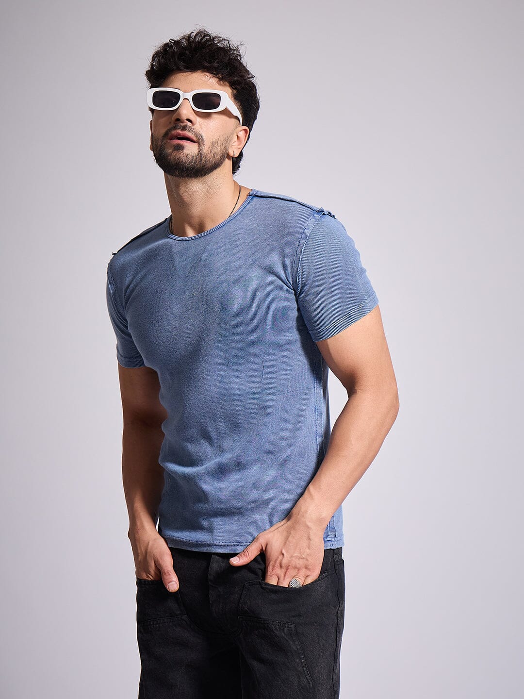Blue Ribbed Short Sleeve Tshirt