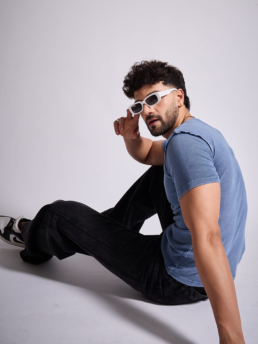 Blue Ribbed Short Sleeve Tshirt