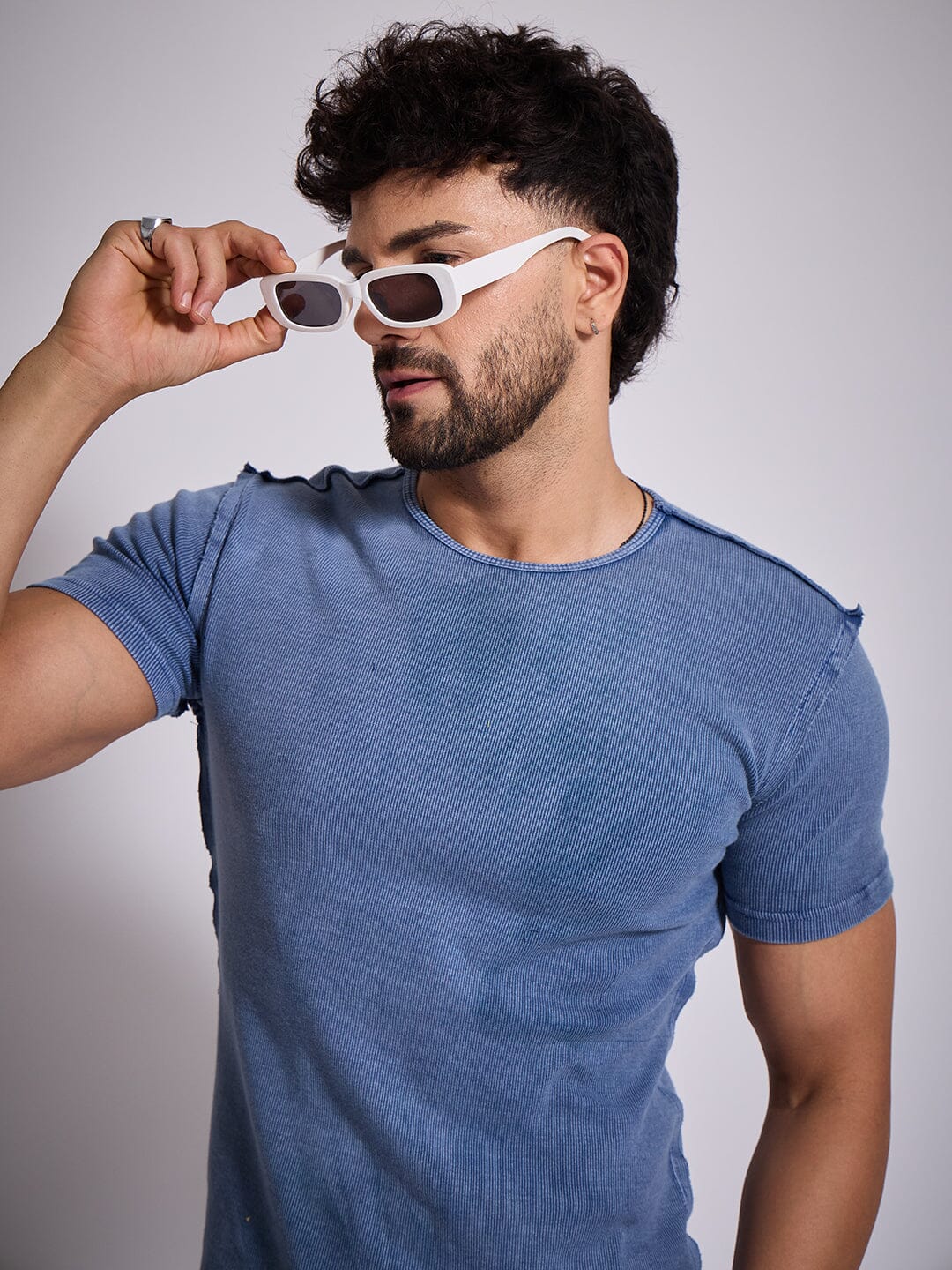 Blue Ribbed Short Sleeve Tshirt