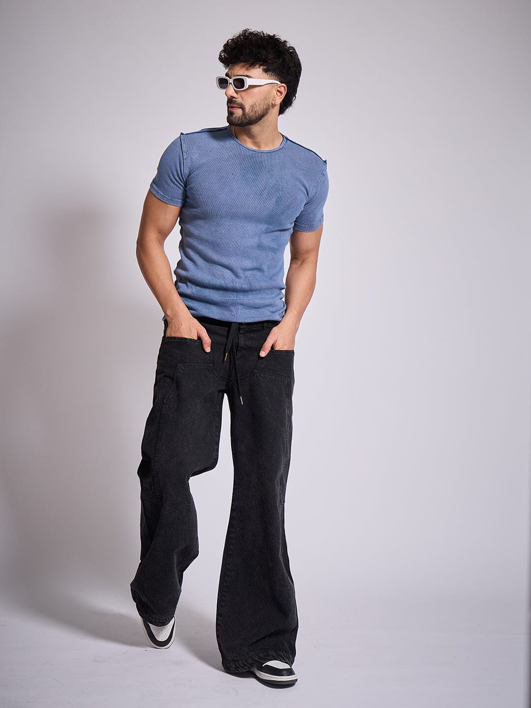 Black Double Waisted Panel Denim