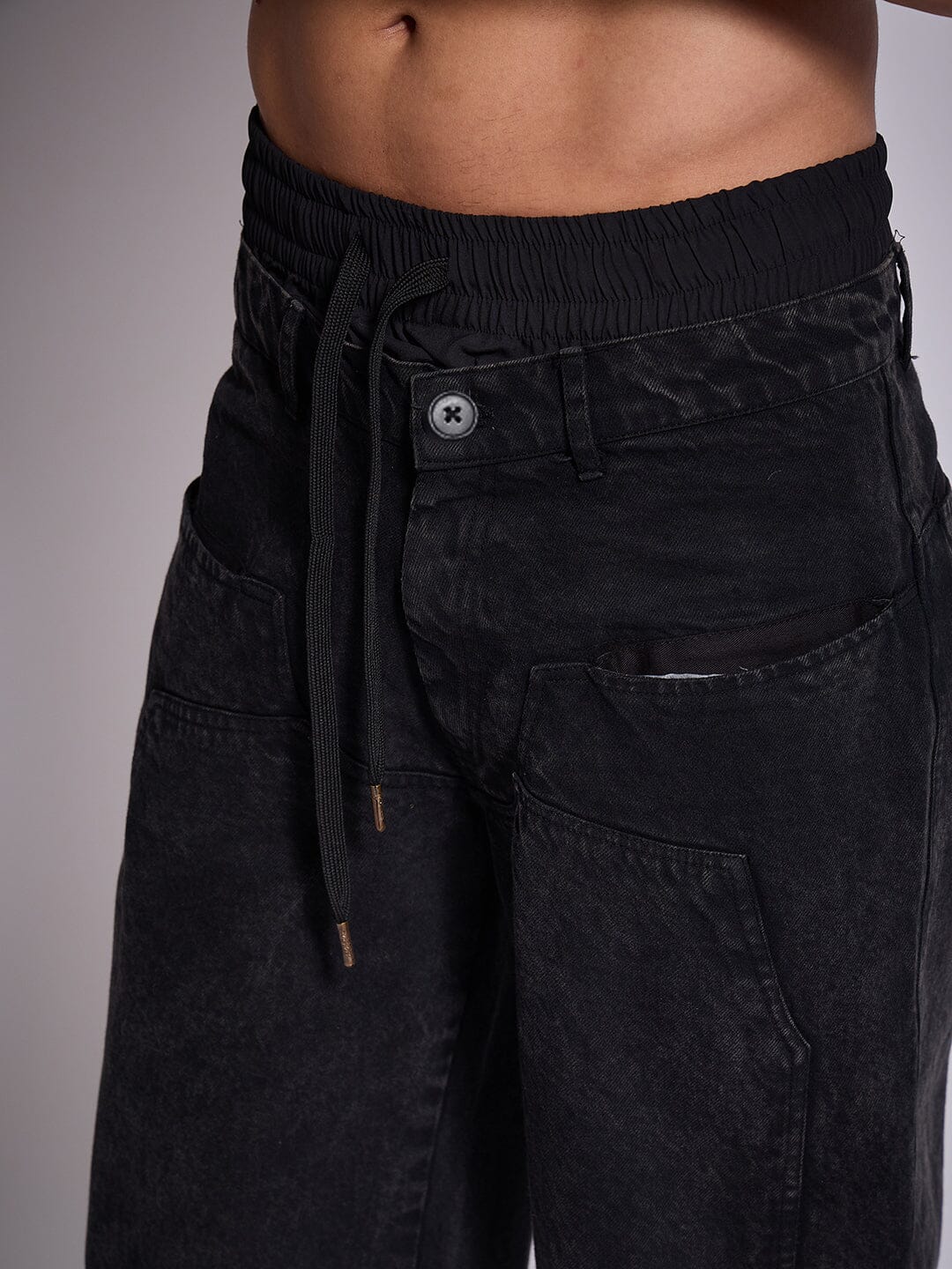 Black Double Waisted Panel Denim